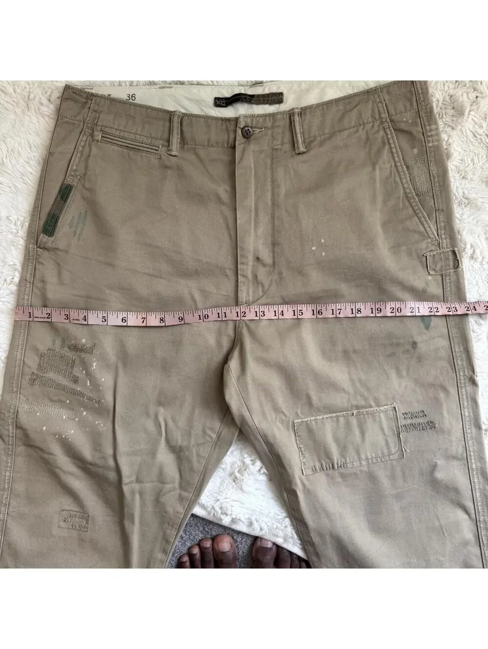 Polo Ralph Lauren Distressed Patchwork Paint Splatter Chino Pants Tan 36x30